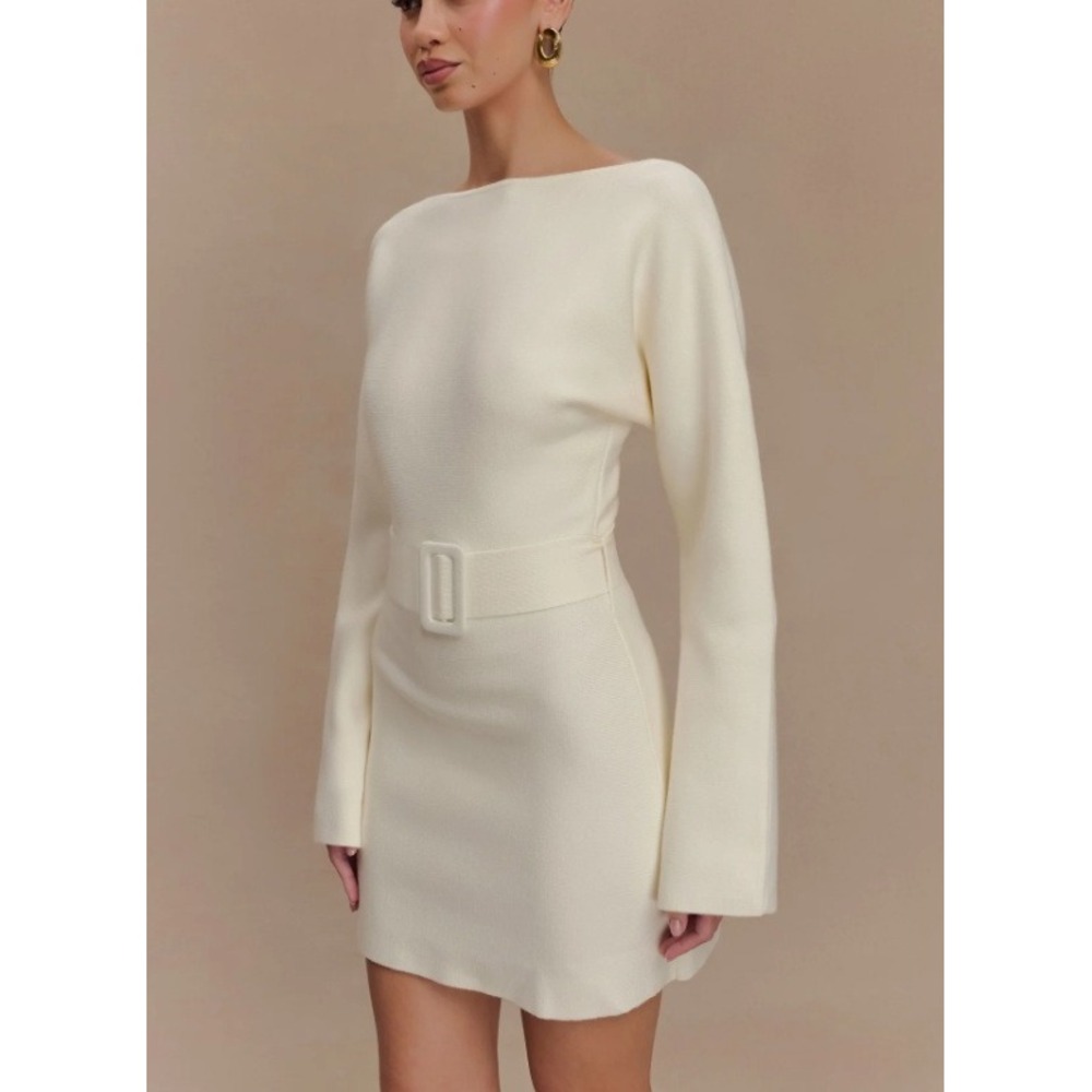 MESHKI Kassie Ivory Belt Tie Knit Mini Dress Long Sleeve Size Small S NWOT
